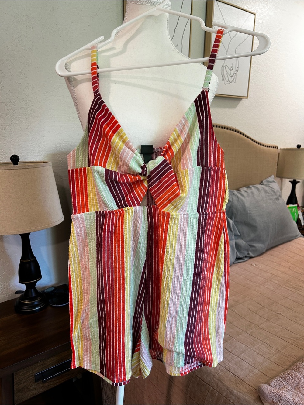 wild fable Multicolor Striped Tie-Front Romper - Red, Yellow, Green, Pink